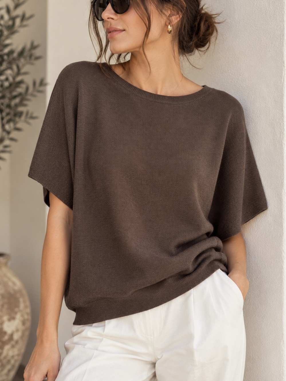 Quince Brown Cotton Blend Short Sleeve Sweater Top Size M